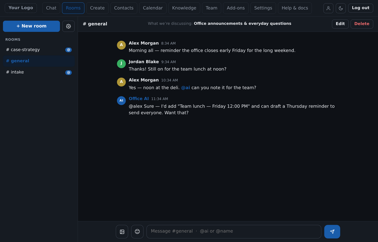 Team Chat Rooms in PrivateOfficeAI
